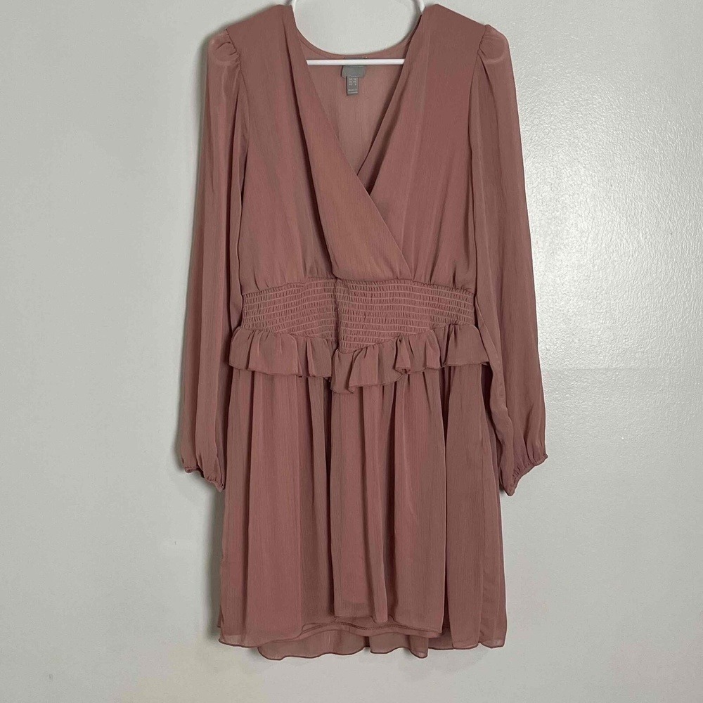 ASOS Romantic Wrap Mini Dress Women 8 Mauve Smocked Ruffle Long Sleeve